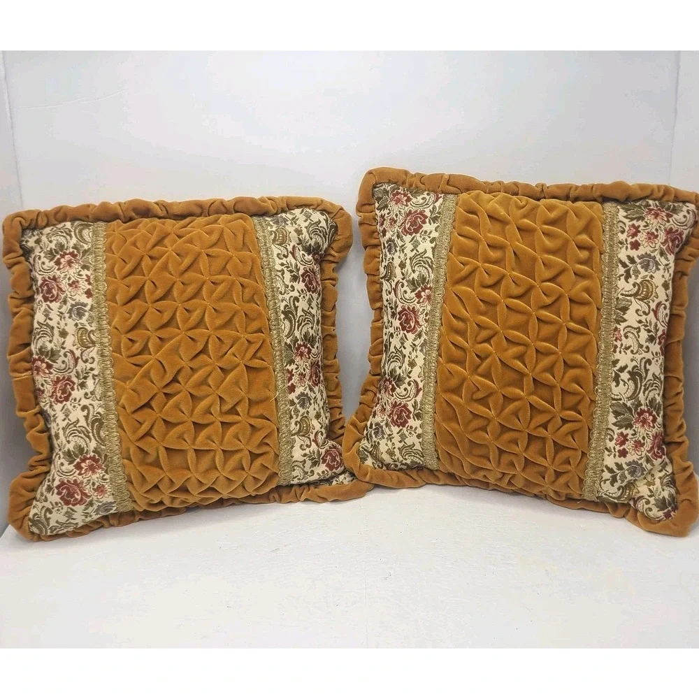 Vtg 70s Smocked Velvet Throw Pillows Pair Mustard Gold Smocking Floral Brocade 2